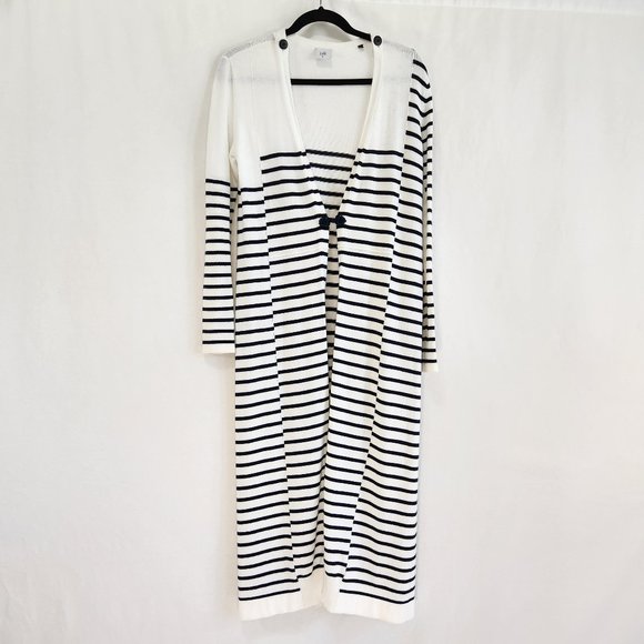 CAbi Sweaters - CAbi Preppy Nautical Boho Long Knit Cardigan Size Small  Off White/Navy Striped